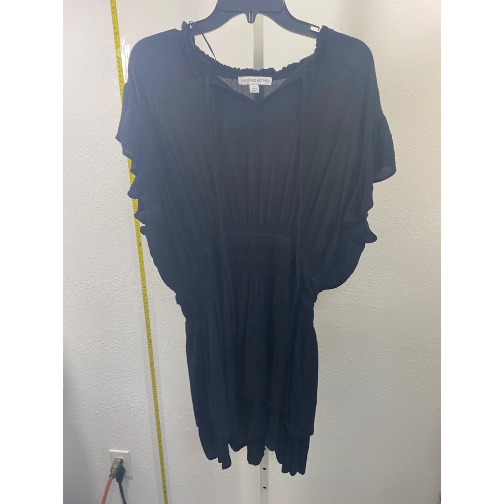 And Now This‎ Black Smocked Waist Ruffle Mini Dress XL Flutter Sleeve Crinkle